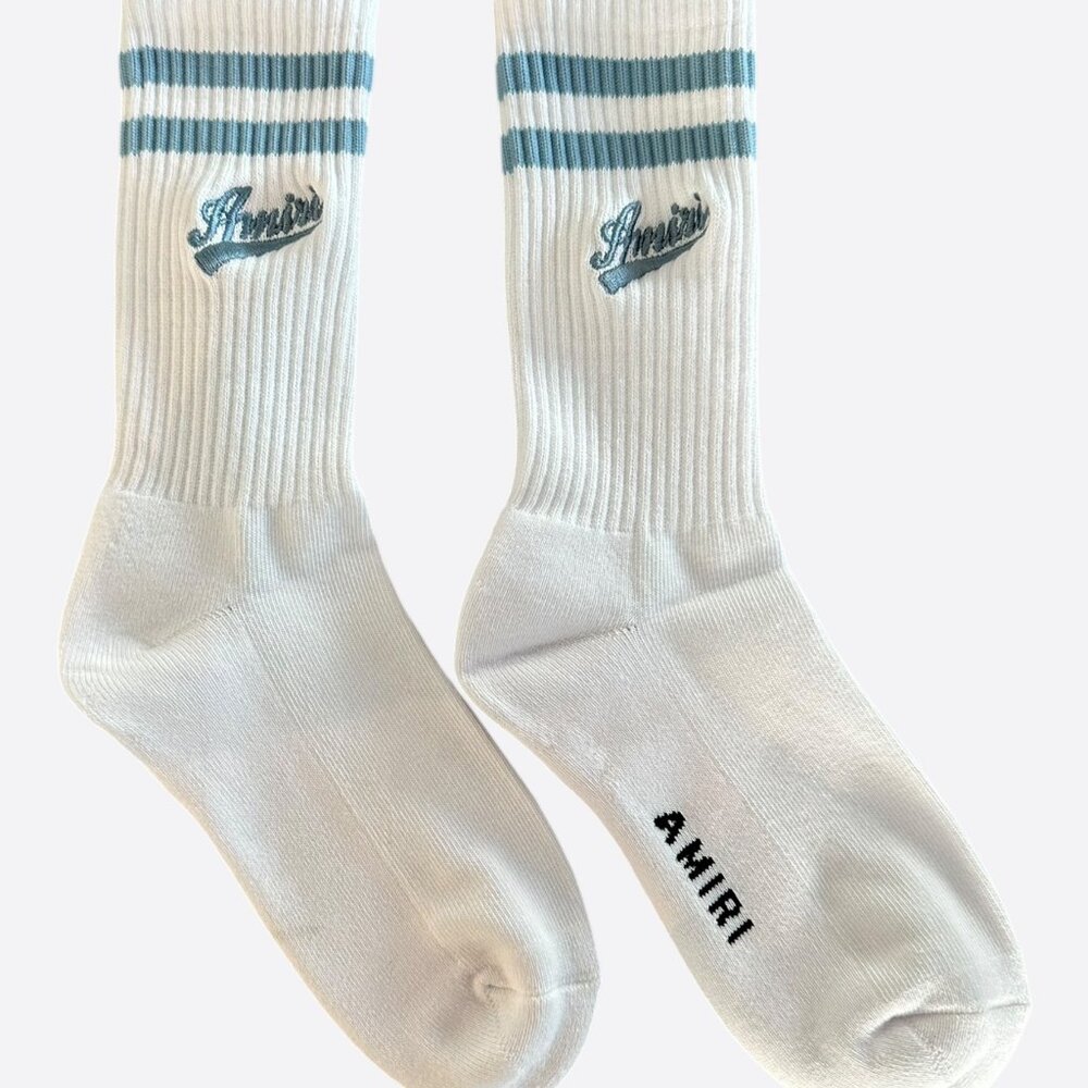 Amiri White & Blue Embroidered Varsity Script Logo Socks